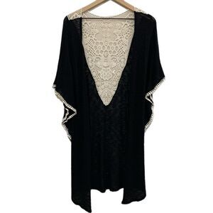 RUE 21 KIMONO WOMENS SMALL BLACK KNIT WHITE CROCHET BACK BOHO FESTIVAL HIPPIE.